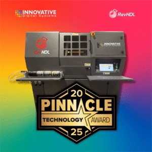 RevHDL UV printer decorating a coffee mug, showcasing direct-to-object printing on handled cylindrical objects.