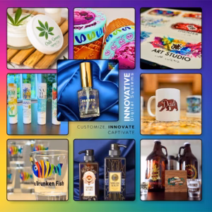 A collage of products showcasing UV digital printing versatility on glass, metal, wood, and plastic