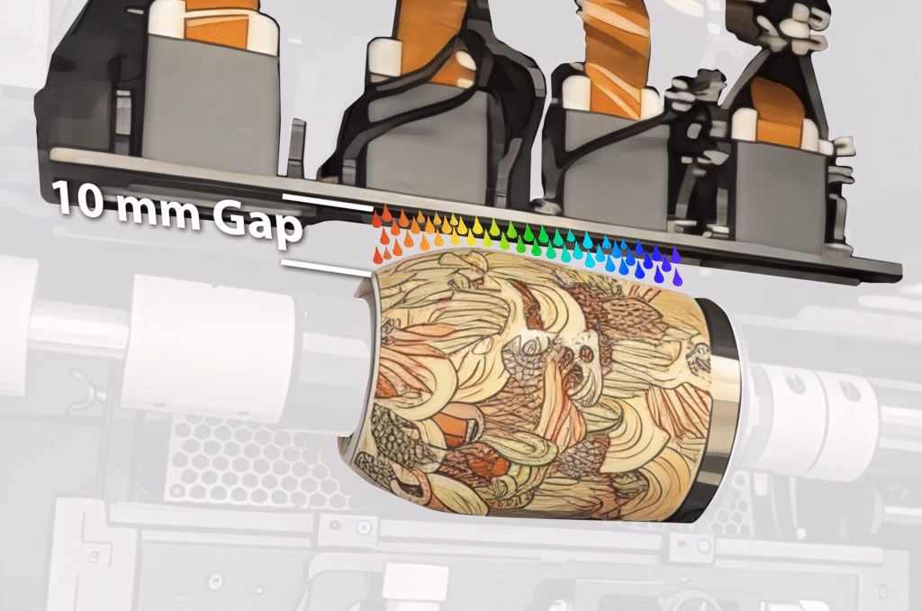 Graphic showing a 10 mm gap, visually representing the advanced high gap printing feature that allows for precision printing on objects with significant height variations.